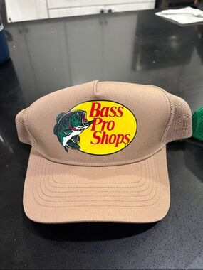 Bass Pro Shops Tan Cap with Yellow Logo and Green Fish